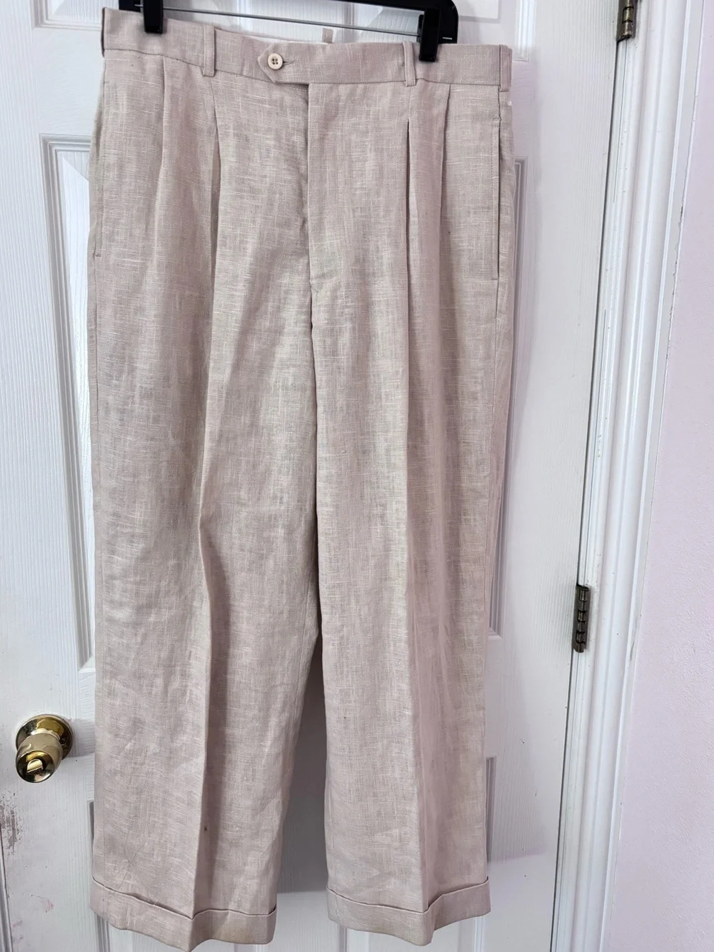 Successo Uomo 100% Linen Pants Mens 34x32 Cream Beige Pleated Cuffed Wide Leg